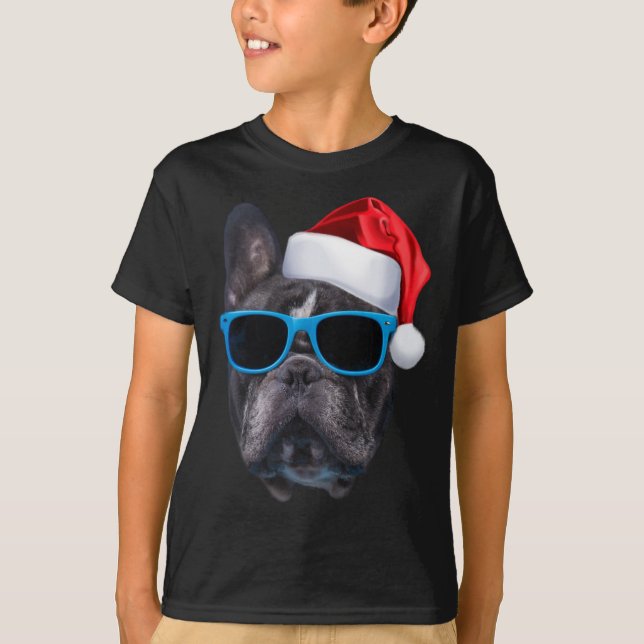 Cute French Bulldog Santa Hat Image Funny Christma T-Shirt (Front)