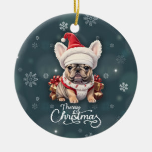 Cute French Bulldog Santa Hat Merry Christmas Ceramic Tree Decoration