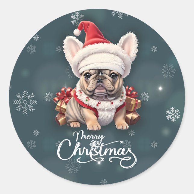 Cute French Bulldog Santa Hat Merry Christmas Classic Round Sticker (Front)