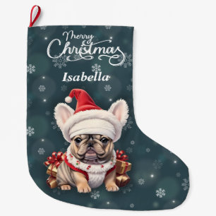Cute French Bulldog Santa Hat Merry Christmas Large Christmas Stocking