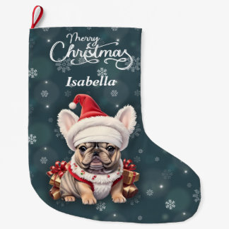 Cute French Bulldog Santa Hat Merry Christmas Large Christmas Stocking