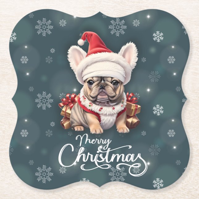 Cute French Bulldog Santa Hat Merry Christmas Paper Coaster (Front)