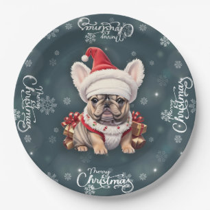 Cute French Bulldog Santa Hat Merry Christmas Paper Plate
