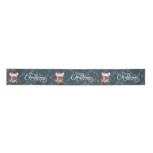 Cute French Bulldog Santa Hat Merry Christmas Satin Ribbon