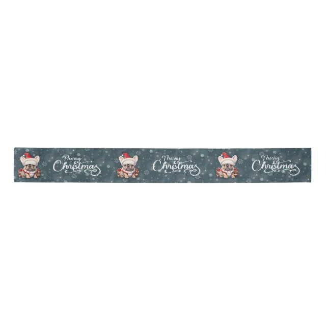 Cute French Bulldog Santa Hat Merry Christmas Satin Ribbon (Front)