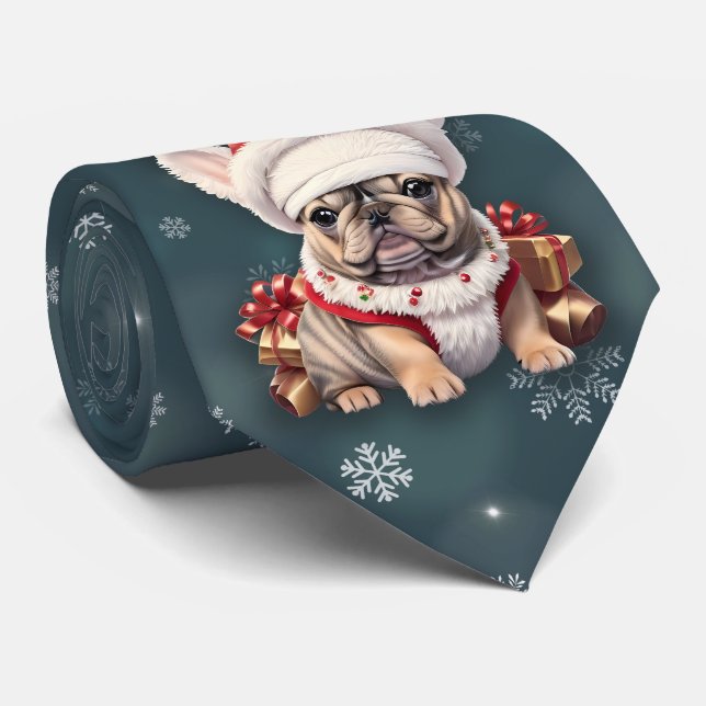 Cute French Bulldog Santa Hat Merry Christmas Tie (Rolled)