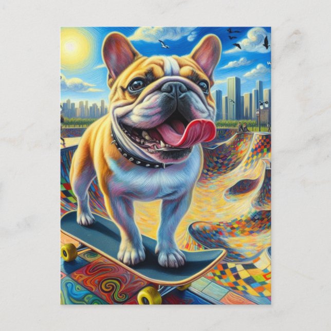 Cute French Bulldog Skateboarding Postcard (Front)