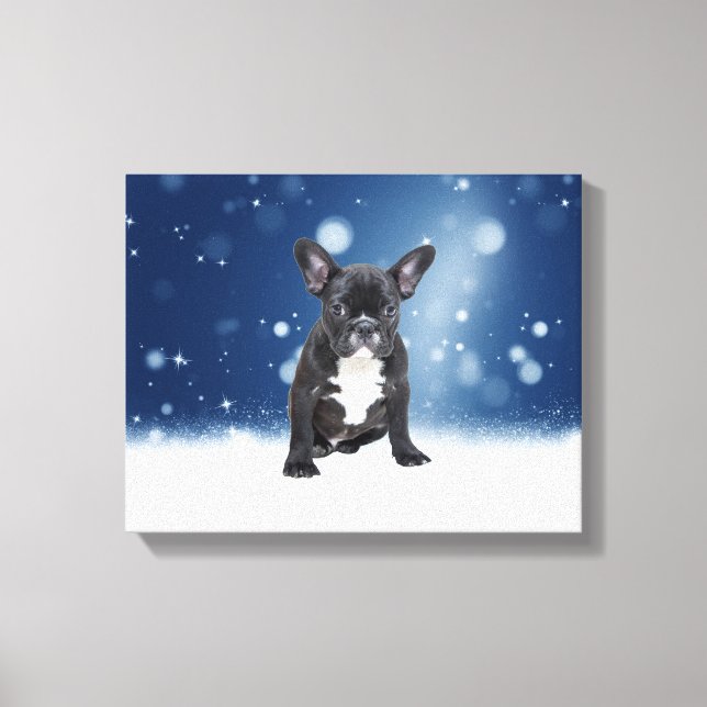 Cute French Bulldog Snow Stars Blue Christmas Canvas Print (Front)