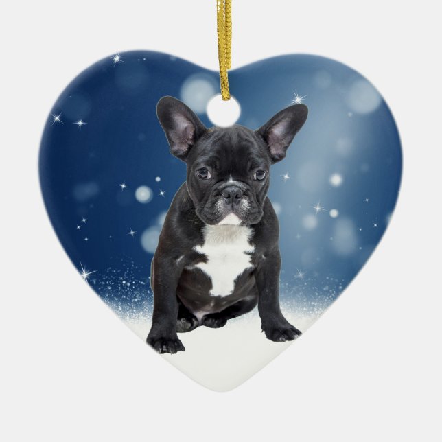 Cute French Bulldog Snow Stars Blue Christmas Ceramic Tree Decoration (Front)