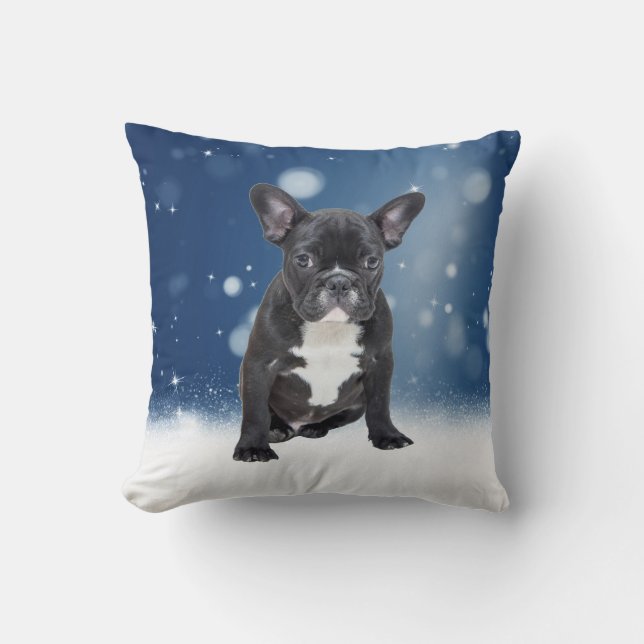 Cute French Bulldog Snow Stars Blue Christmas Cushion (Front)