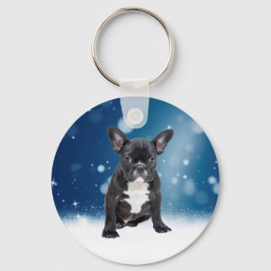 Cute French Bulldog Snow Stars Blue Christmas Key Ring