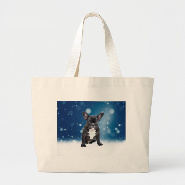 Cute French Bulldog Snow Stars Blue Christmas Large Tote Bag (Front)