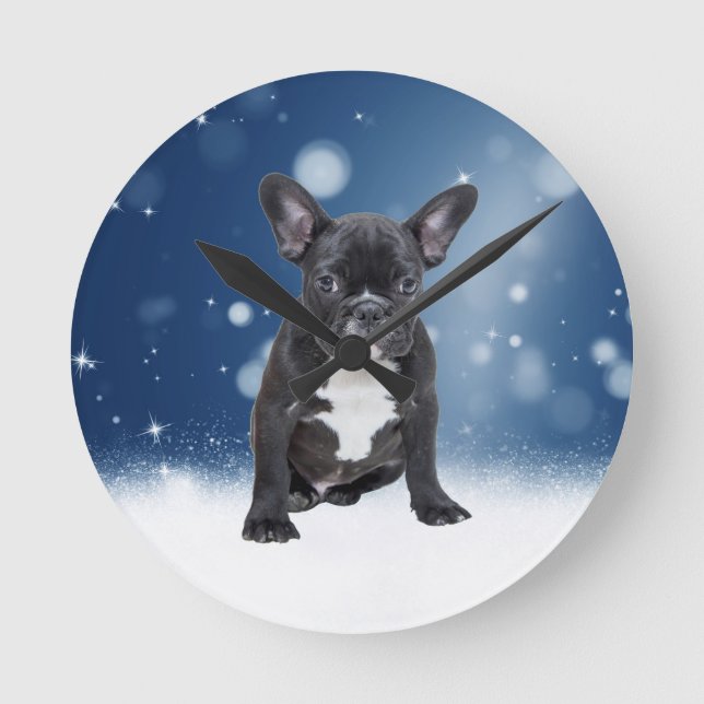 Cute French Bulldog Snow Stars Blue Christmas Round Clock (Front)