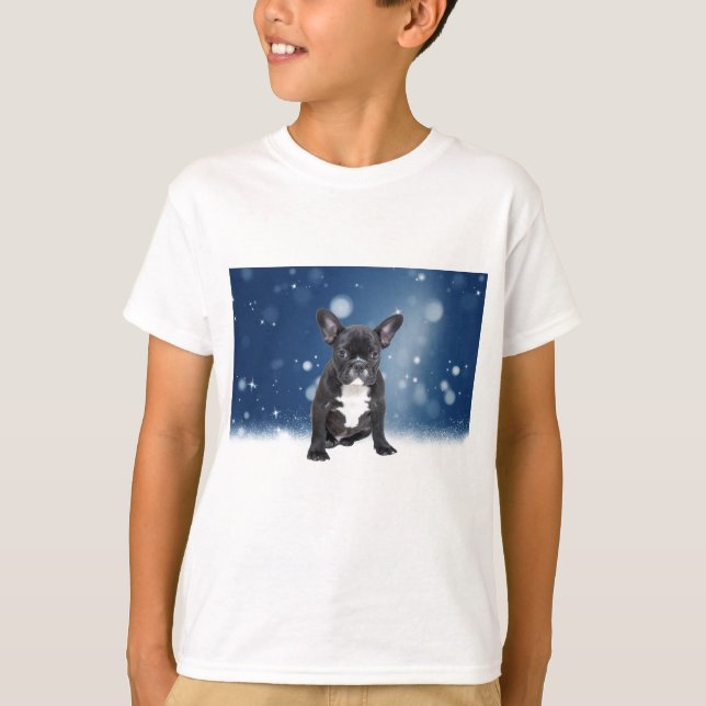 Cute French Bulldog Snow Stars Blue Christmas T-Shirt (Front)