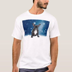 Cute French Bulldog Snow Stars Blue Christmas T-Shirt