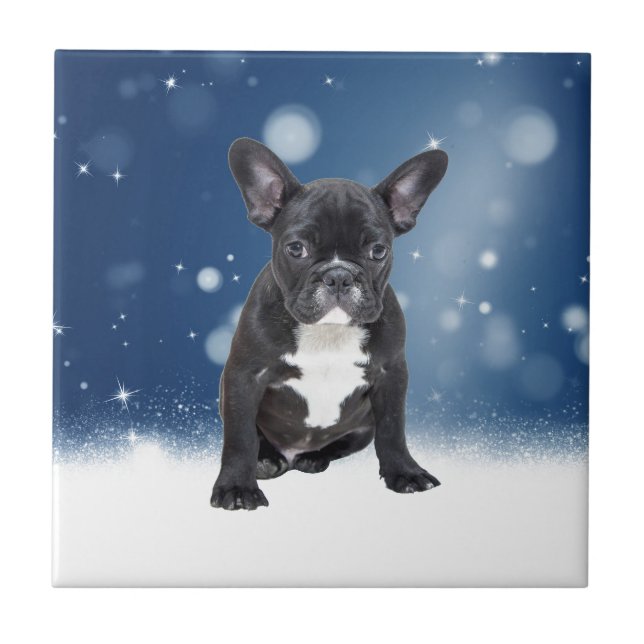 Cute French Bulldog Snow Stars Blue Christmas Tile (Front)