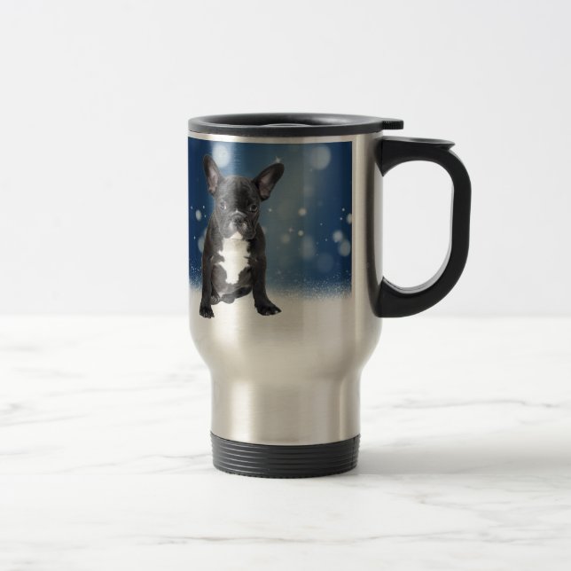 Cute French Bulldog Snow Stars Blue Christmas Travel Mug (Right)