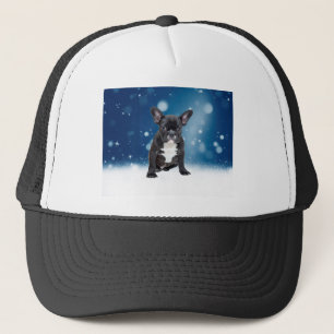Cute French Bulldog Snow Stars Blue Christmas Trucker Hat