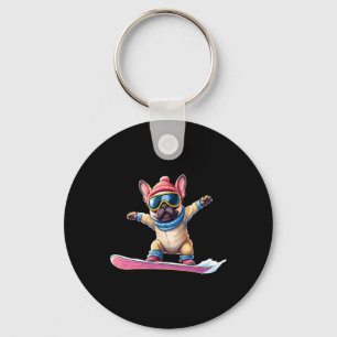 Cute French Bulldog Snowboarding Winter Sports Key Ring