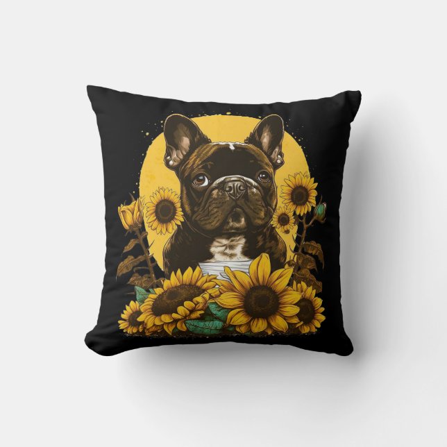 Cute French Bulldog Sunflower Lover Drawing Art Cushion (Front)