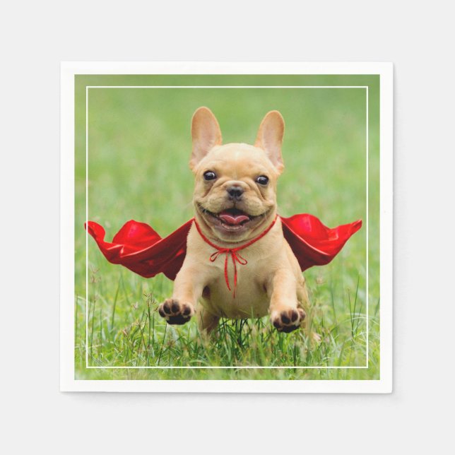 Cute French Bulldog Superhero Runs in Grass Napkin (Front)