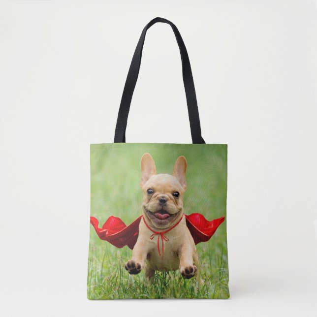 Cute French Bulldog Superhero Runs in Grass Tote Bag (Front)