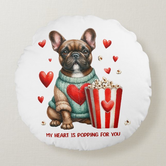 Cute French Bulldog Valentines Day heart Round Cushion (Front)