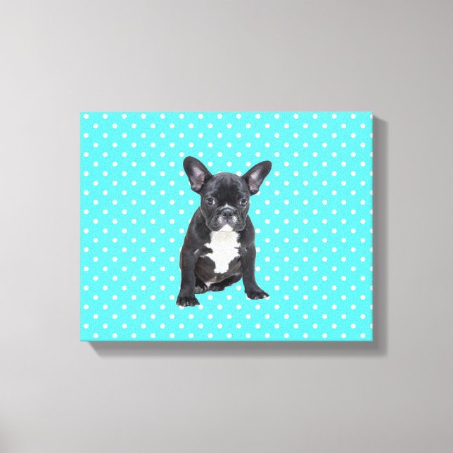 Cute French Bulldog w Blue Polka Dots Canvas Print (Front)