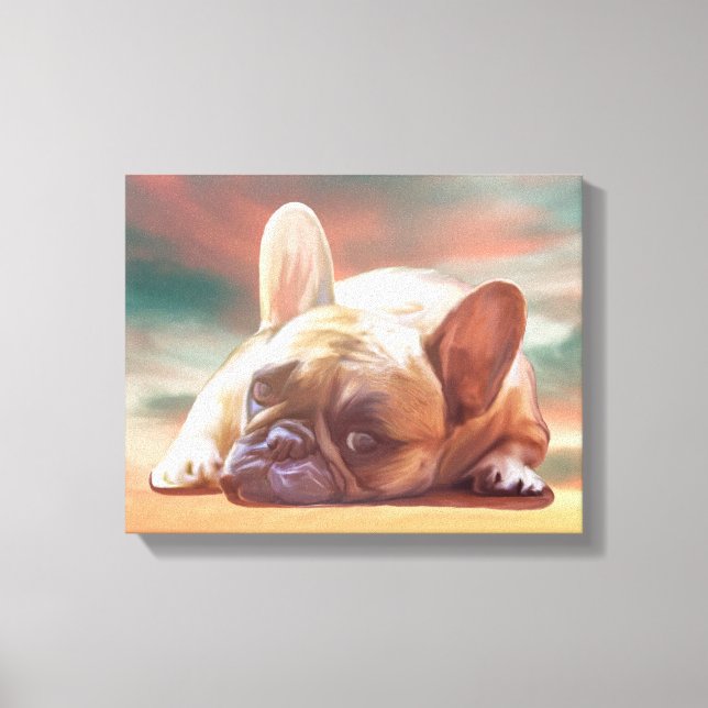 Cute French Bulldog Water Colour Art Painting Canvas Print (Front)