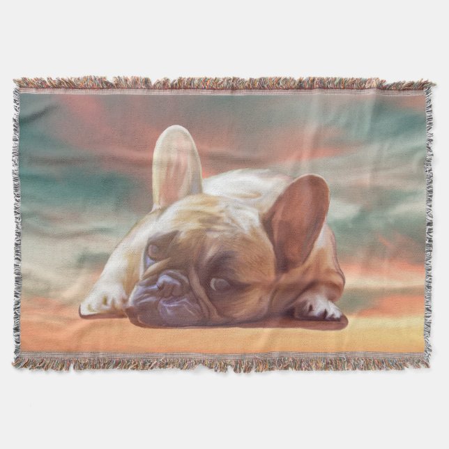 Cute French Bulldog Water Colour Art Painting Throw Blanket (Front)