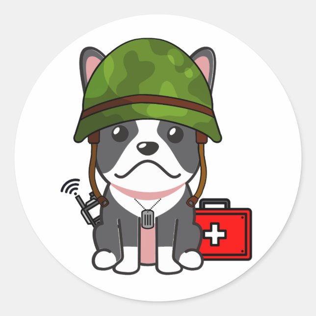 Cute French BullDog Wearing army helmet Classic Round Sticker (Front)