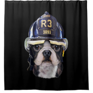 Cute French Bulldog Wearing Firefighter Helmet Shower Curtain