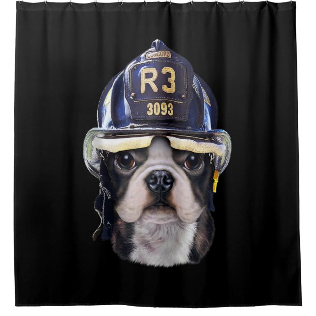 Cute French Bulldog Wearing Firefighter Helmet Shower Curtain (Front)