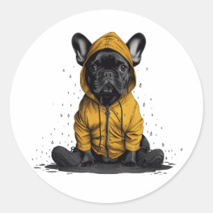 Cute French Bulldog Wearing Raincoat Classic Round Sticker