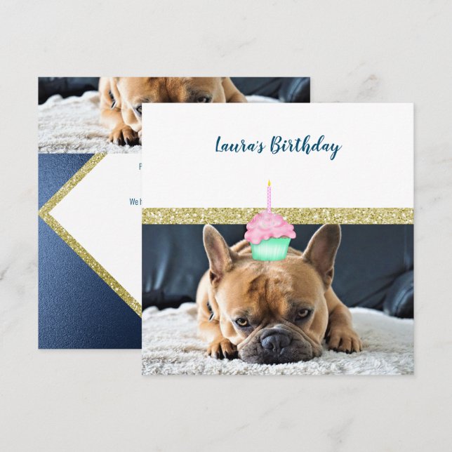 CUTE FRENCH BULLDOG WHITE NAVY INVITATION (Front/Back)