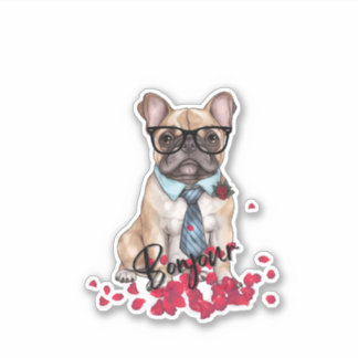Cute French Bulldog with glasses and rose petals