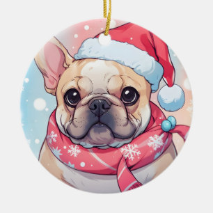 Cute French Bulldog with hat and scarf Ceramic Tree Decoration