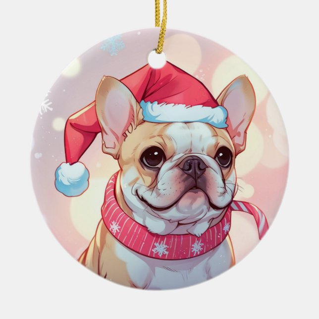 Cute French Bulldog with hat and scarf Ceramic Tree Decoration (Front)