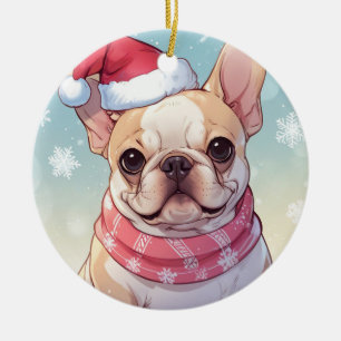 Cute French Bulldog with hat and scarf Ceramic Tree Decoration