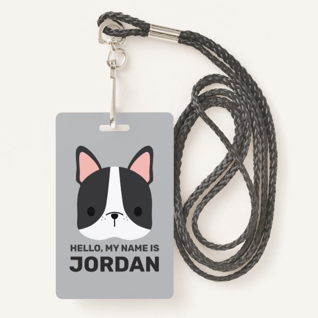 Cute French Bulldog with Personalised Name ID Badge (Front with Lanyard)