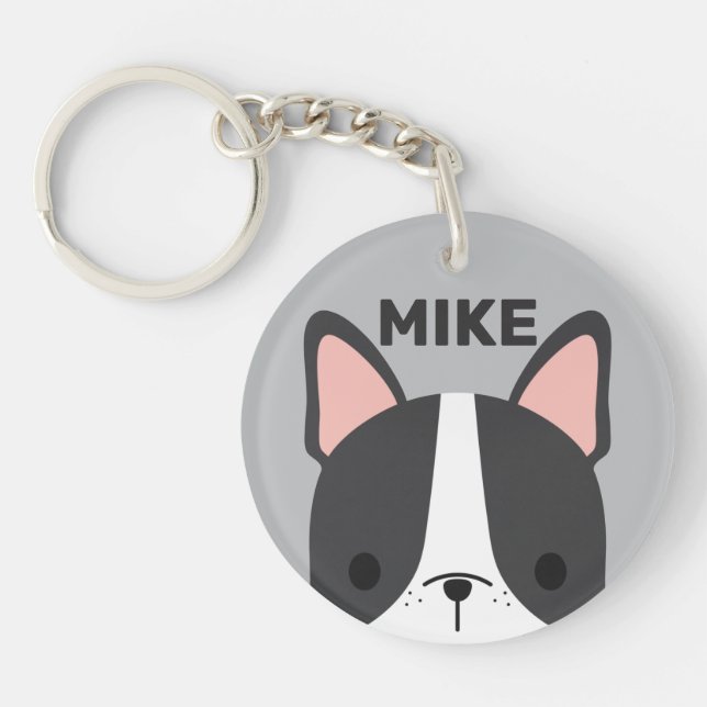 Cute French Bulldog with Personalised Name Key Ring (Front)