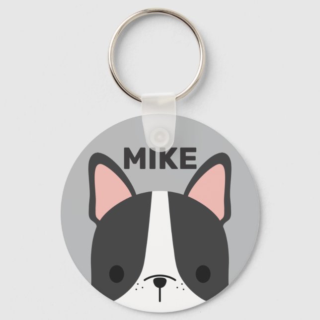 Cute French Bulldog with Personalised Name Key Ring (Front)