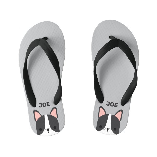 Cute French Bulldog with Personalised Name Kid's Flip Flops (Footbed)