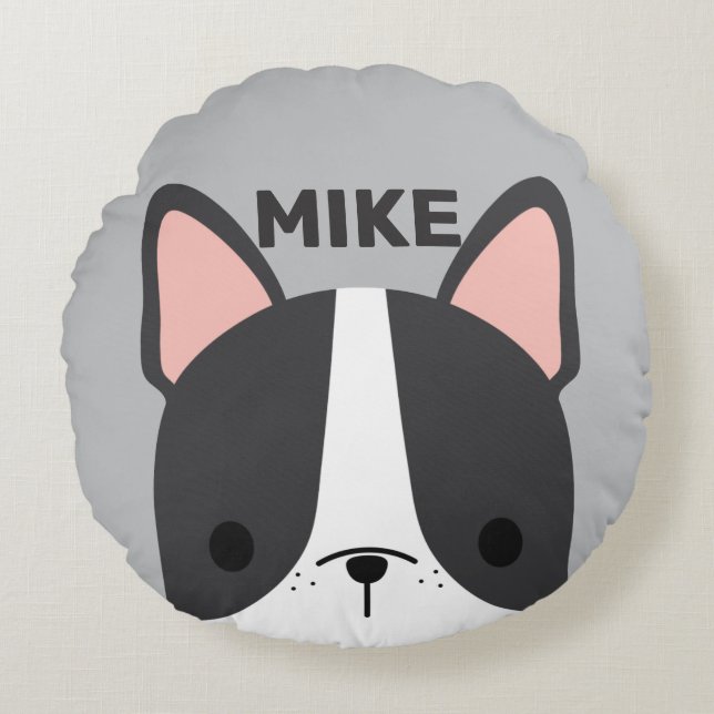 Cute French Bulldog with Personalised Name Round Cushion (Front)