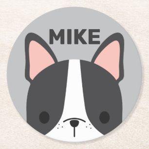 Cute French Bulldog with Personalised Name Round Paper Coaster