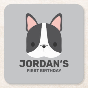 Cute French Bulldog with Personalised Name Square Paper Coaster