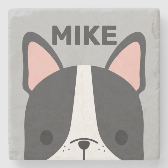 Cute French Bulldog with Personalised Name Stone Coaster (Front)
