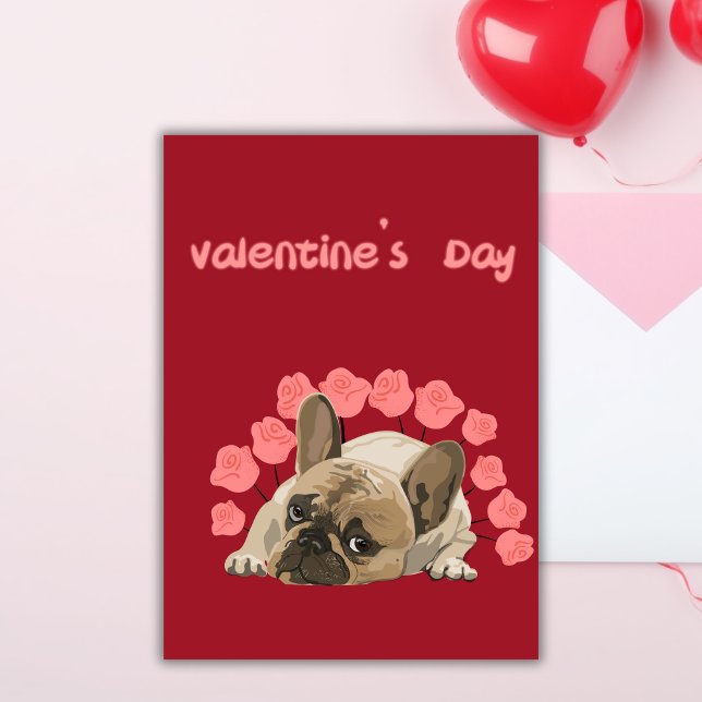 Cute French bulldog with roses Valentines day Holiday Card (Creator Uploaded)