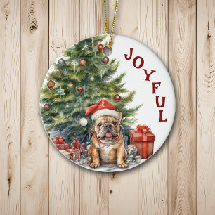 Cute French Bulldog Wrapped in Christmas Lights Ceramic Tree Decoration