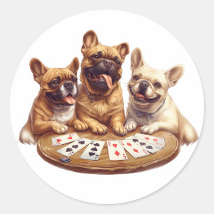 Cute French Bulldogs Playing Cards Classic Round Sticker